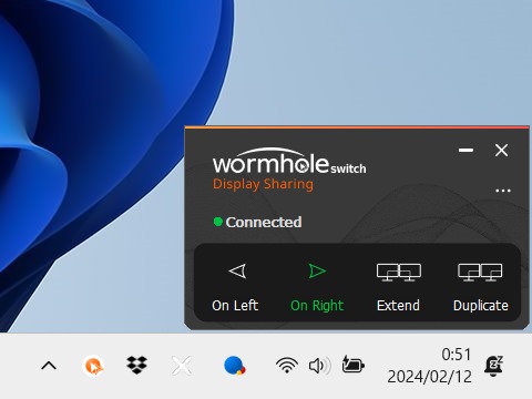 操作パネルの「On Left」、「On Right」をクリックすることで、2台のPCの左右の並びを変更できる