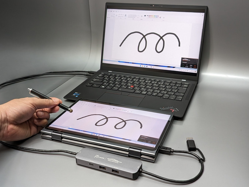 スタイラスに対応したPC1上での入力結果を、PC2に表示させるといった芸当も可能だ。PC2が大画面のデスクトップPCであれば、より効果的だろう