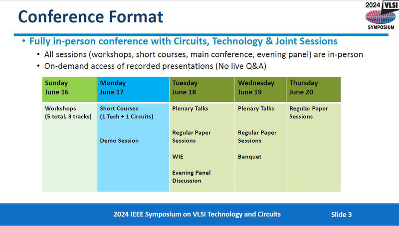 「2024 VLSI」の基本日程(変更の可能性あり)。プレイベントを16日と17日、メインイベント(技術講演会)を18日～20日に予定する。2024年2月19日にISSCC委員会が配布した資料から(以下同じ)