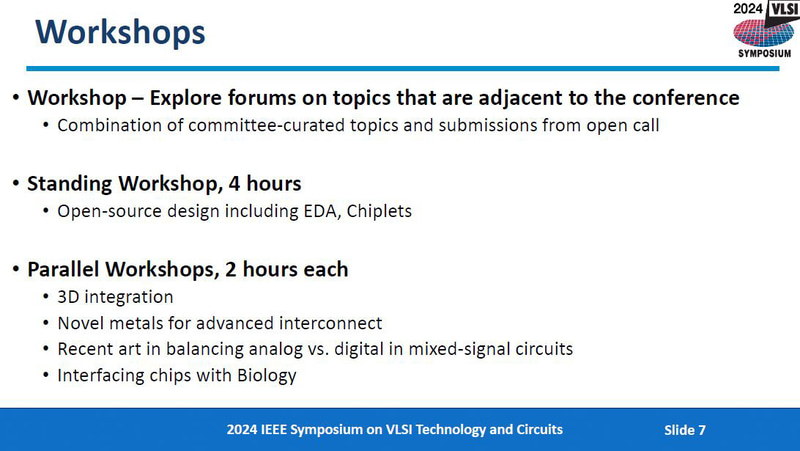 ワークショップ(テーマ別の講演と討論)の概要。金曜フォーラムを取りやめた代わりと位置づける。タイムスロット(時間割)では単独進行のテーマ(Standing Workshop)と同時並列進行(Parallel Workshop)のテーマがある。並列進行のテーマ候補は昨年12月11日時点では7つあったが、2月19日時点では4つに絞られた。また単独進行のワークショップは4時間、並列進行のワークショップは2時間と時間枠が決まった
