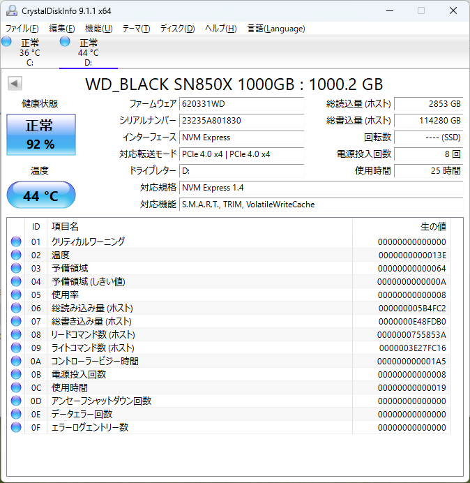 S.M.A.R.T.情報を表示できるソフトで健康状態を確認できる