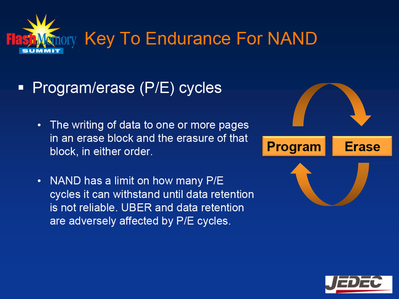 NANDのP/Eサイクル(出典:Flash memory Summit 2011, <a href="https://www.flashmemorysummit.com/English/Collaterals/Proceedings/2011/20110810_T1B_Cox.pdf" class="n" target="_blank">JEDEC SSD Endurance Workloads</a>,Alvin Cox, Seagate)
