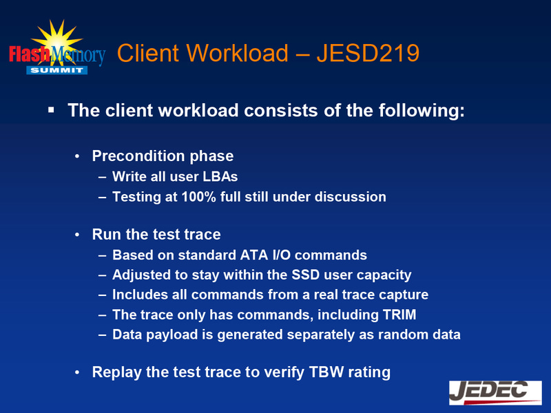 JESD219のクライアントワークロード(出典:Flash memory Summit 2011, <a href="https://www.flashmemorysummit.com/English/Collaterals/Proceedings/2011/20110810_T1B_Cox.pdf" class="n" target="_blank">JEDEC SSD Endurance Workloads</a>,Alvin Cox, Seagate)