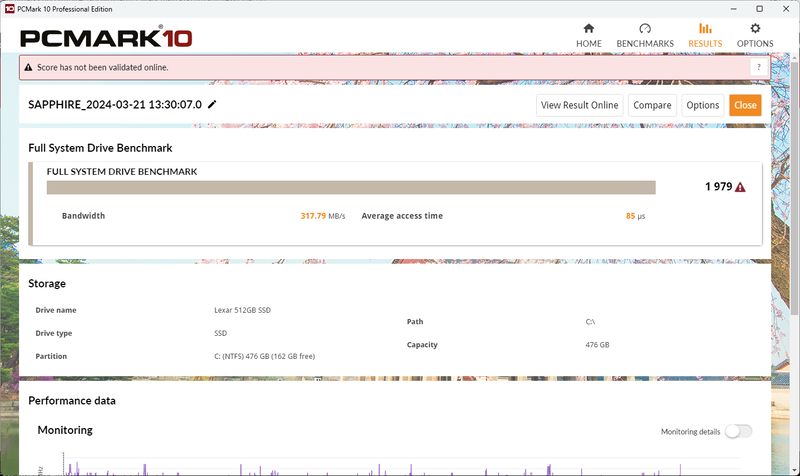 NM800のPCMark 10 Full System Drive Benchmarkの結果(参考)
