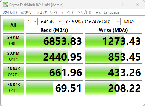 NM800のCrystalDiskMark 8.0.4 x64の結果(ブロックサイズ64GiB、参考)