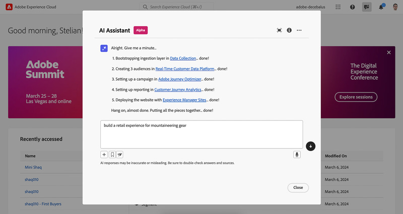 Project Ready Click Goではプロンプトに欲しいサービスを入れると、Webサイト立ち上げなどを自動で行なってくれる(写真提供: Adobe)