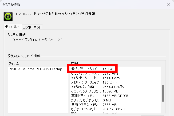 GeForce RTX 4060 Laptop GPUは規定だとノートPCの設計に合わせて35W～115Wの範囲で最大グラフィックスパワーが設定されているが、G15はそれを上回る140Wとなっており、GPU能力を底上げしているのが分かる