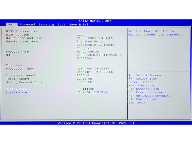 BIOS / Main。起動時[DEL]キーで表示