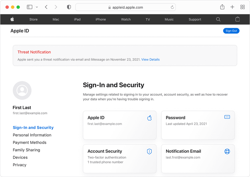 appleid.apple.comにサインインすると、ページの上部に「Threat Notification」と表示される場合、個人としてスパイウェア攻撃の標的になった可能性がある