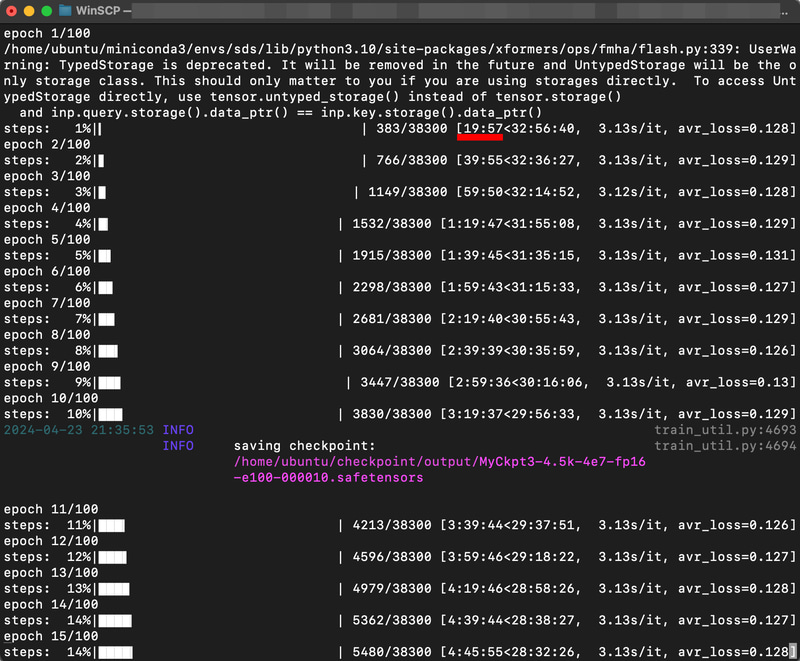 100 epochsの終了予定時間が32時間。1 epochs 19:57と20分未満