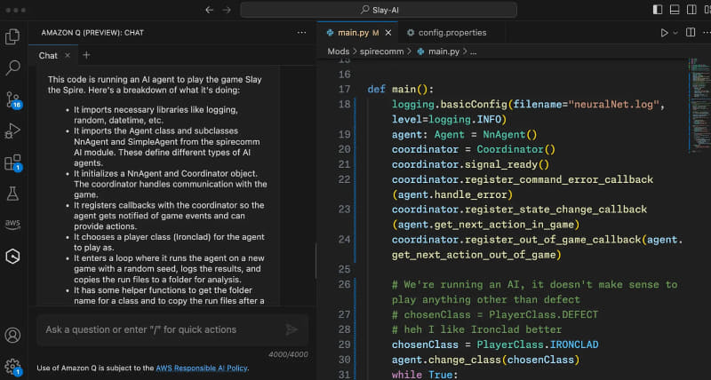 「What does this code do?」のプロンプトにAmazon Qが回答している
