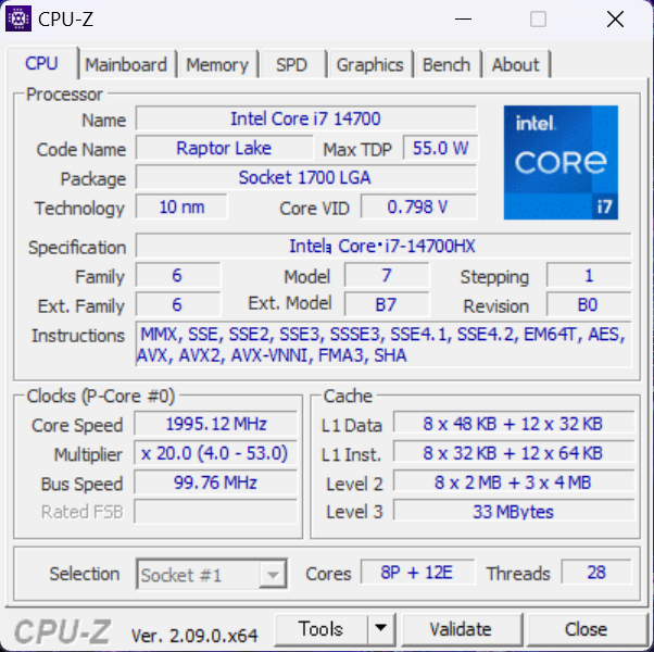 CPUはPコア8基、Eコア12基で20コア28スレッドの「Core i7-14700HX」