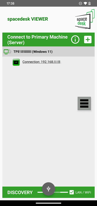 続いてスマホ側(<a href="https://play.google.com/store/apps/details?id=ph.spacedesk.beta" class="n" target="_blank">iOS版</a>、<a href="https://apps.apple.com/us/app/spacedesk-display-screen-cast/id1069217220" class="n" target="_blank">Android版</a>)にもアプリを導入。起動するとPCのIPアドレスが表示されるのでタップ