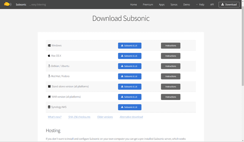 サーバーアプリの対応OSは多彩。今回はWindows用の「Subsonic」をダウンロードし、インストールを実行