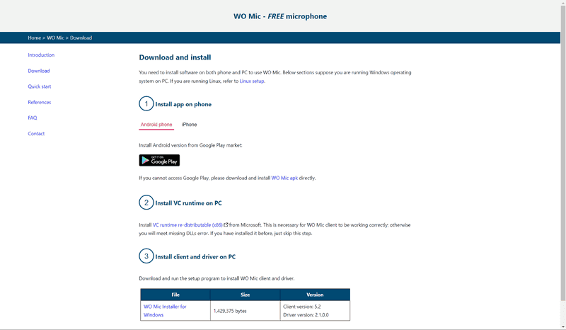 今回は「WO Mic」を使用した。まずは指示に従ってPCにクライアントおよびランタイムをインストールする