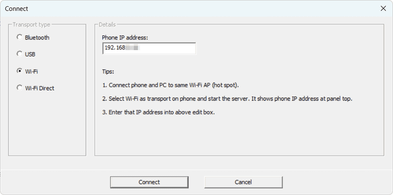 続いてPC側のクライアントで「Connect...」を開き、前述のスマホアプリで表示されていたIPアドレスを入力したのち「Connect」をクリック