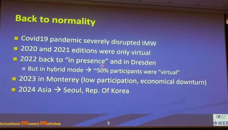 コロナ禍を経て、ようやく通常のIMWに戻ったことを示すスライド。チェアパーソンによる開会挨拶から