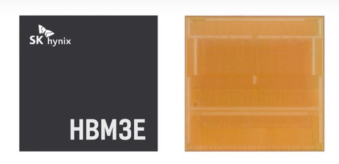 HBMモジュールの最新世代「HBM3E」の外観(左)とシリコンダイ写真(右)。2024年3月19日にSK hynixが「HBM3E」の量産開始を発表したリリースから。なおシリコンダイ写真の上半分と下半分は異なるダイだとみられる