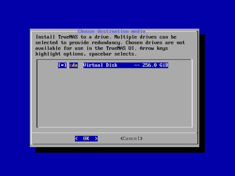 インストール先を選択。画面は説明のために仮想マシンでキャプチャしているため、ストレージが1台しか表示されないが、実際は搭載されているストレージが表示される