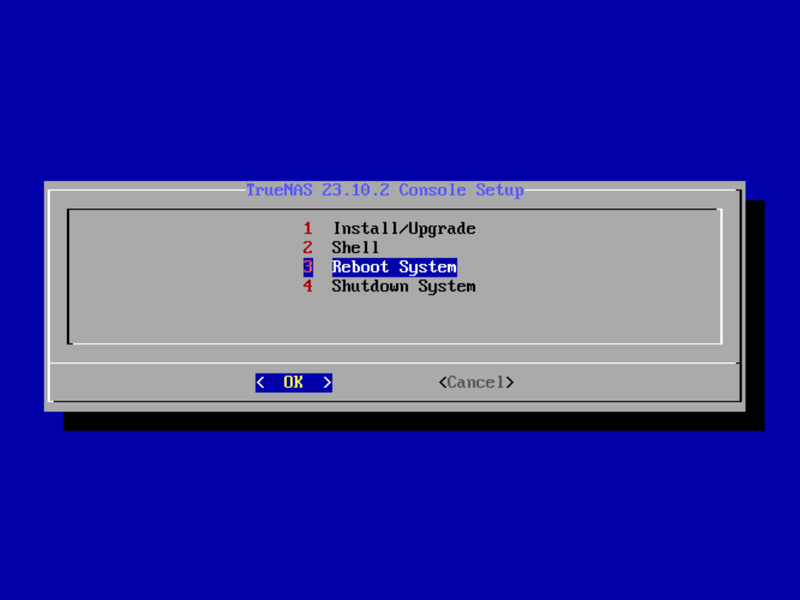 インストールメディアを取り外し、「Reboot System」を選択して再起動する