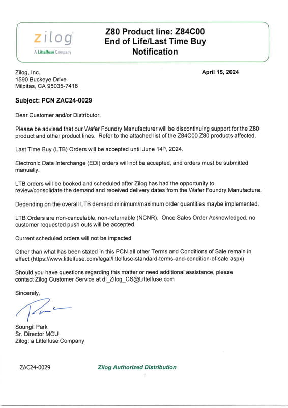 【写真1】もっともこのレターが、ZilogとかLittelfuseではなく、代理店であるMouserから<a href="https://www.mouser.com/PCN/Littelfuse_PCN_Z84C00.pdf" class="n" target="_blank">公開されている</a>というあたりが何とも言えないが