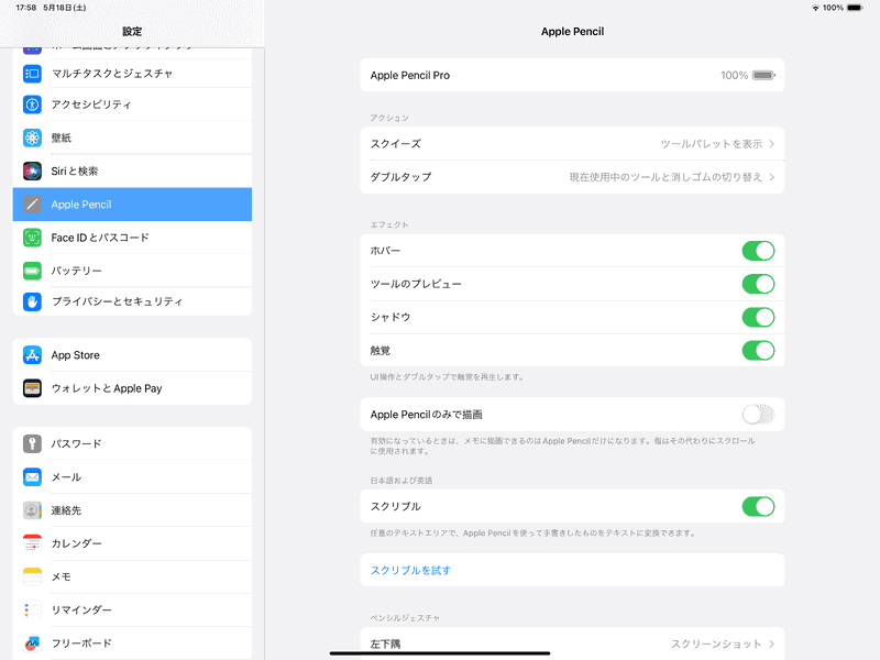 新型の「Apple Pencil Pro」の設定画面。スクイーズやダブルタップなどの新機能の設定が行なえる