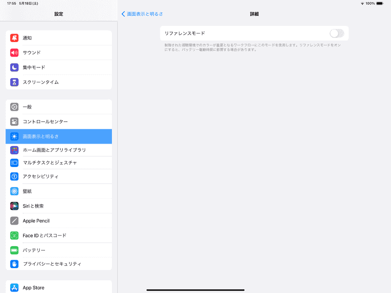 「画面表示と明るさ」の「詳細」の中にある「リファレンスモード」も、iPad AirにはないiPad Pro独自の設定項目だ