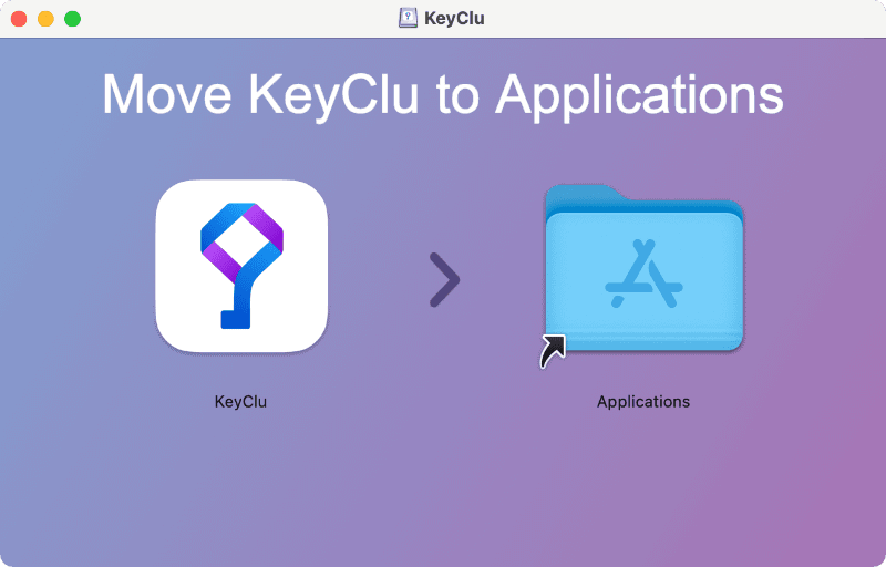 ダウンロードしたディスクイメージから「KeyClu」のアイコンをアプリケーションフォルダにコピーすればインストール完了です