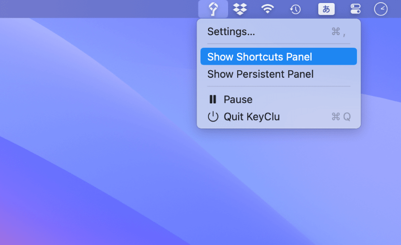 メニューバーアイコンの[Show Shortcuts Panel]を選択して、「ショートカットパネル」を表示することも可能です