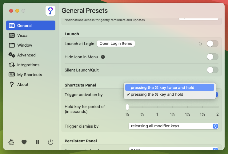 [General]→[Trigger activation by]からトリガーを変えられます。[Hold key for period of]でホールドし続ける時間、[Trigger dismiss by]からショートカット一覧を非表示にするトリガーを変更できます