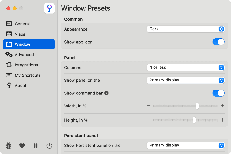 [Window]→[Appearance]ではショートカットパネルの外観をダークモードに切り替えられるほか、[Panel]からショートカットパネルのカラム数、幅や高さなども変更できます