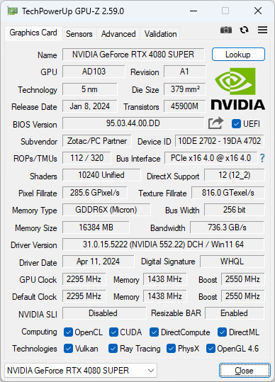 GeForce RTX 4070 SUPERのGPU-Zの実行画面