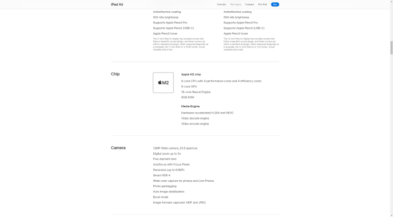英語サイトのM2 iPad Air仕様表。GPUコアが9コアになっている