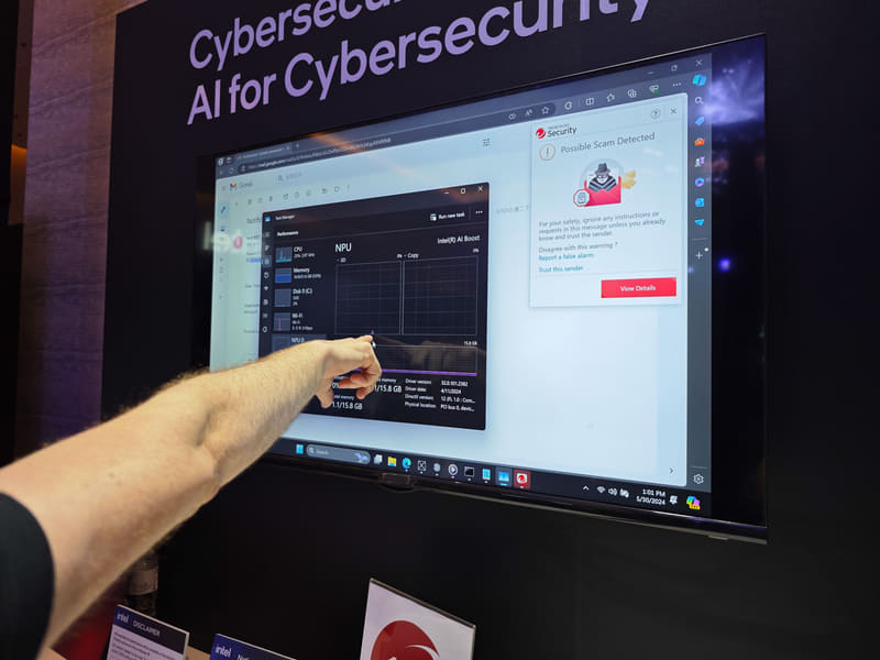 トレンドマイクロのフィッシング詐欺リンクのリアルタイム検出、検出時にわずかにNPUが動いているだけで、ローカルアプリだけで検出できるのはビジネスPCでは大きなメリットになる