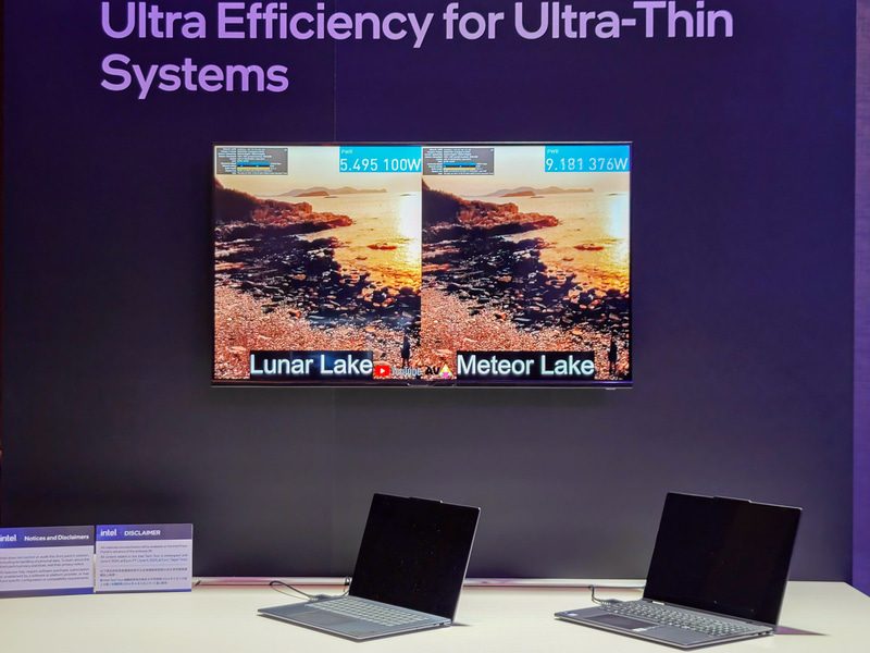 Intelのデモ、左がLunar Lakeで、右のCore Ultraに比較して低いことが分かる。動画再生時はビデオデコーダで処理されているので、実質的にはアイドルに近い。それでこれだけ減っているので、Intelの言っているアイドル時の電力が削減されていることが裏付けられている。