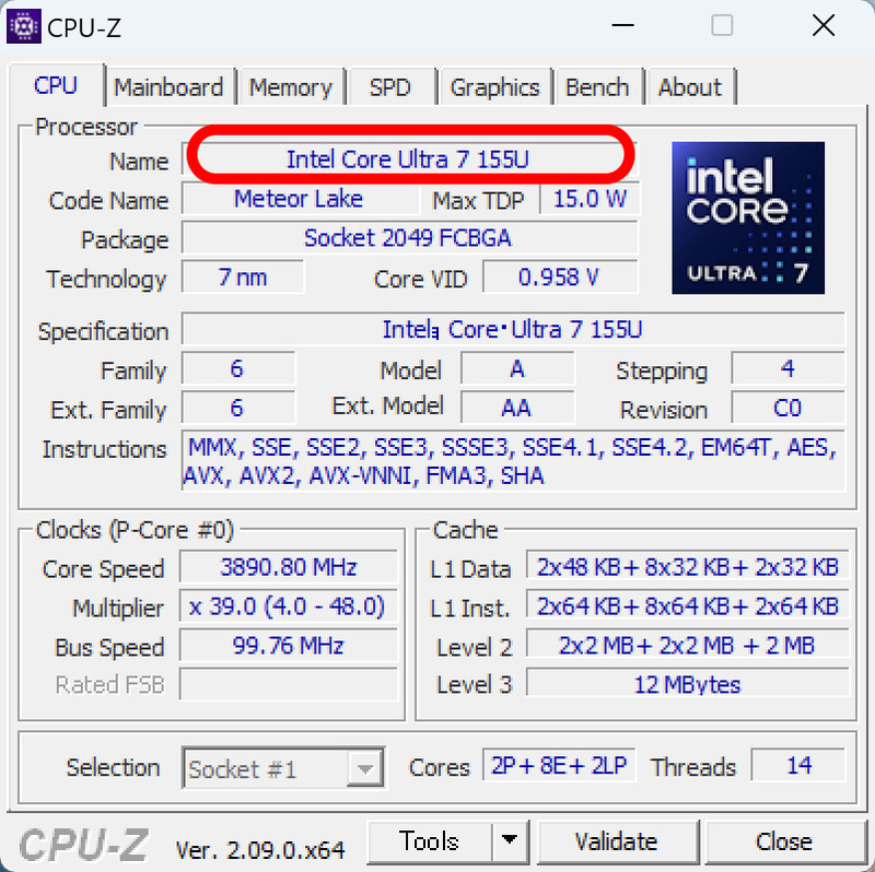 CPU-Zによる情報。Core Ultra 7 155UはPコア2基、Eコア8基、LP Eコア2基で構成されている