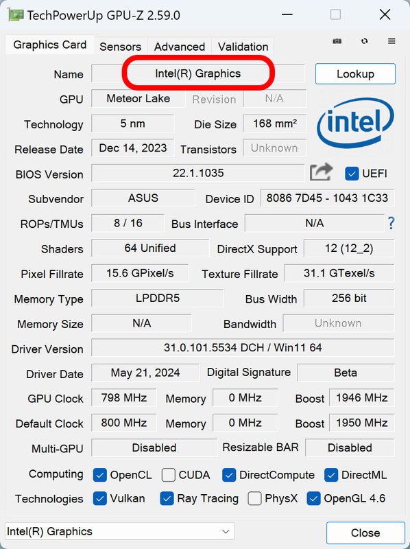 GPU-Zによる情報。CPUにはGPUとしてXeコアを4基備えるIntel Graphicsを内蔵。最大クロックは1.95GHzだ。レイトレーシングにも対応する
