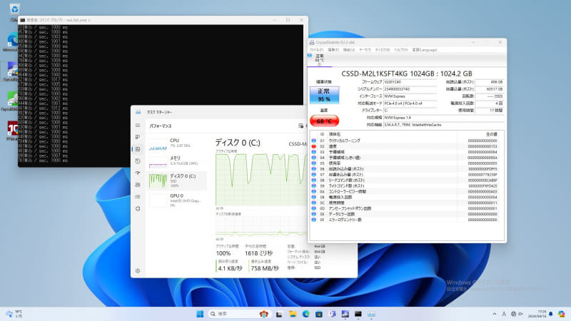 各SSDを検証用PCに装着してWindows 11 Home 64bitをインストールし、約250GBのデータを保存した上で、「SSD耐久テストPro.」でTBW容量分のデータを書き込み、その前後でCrystalDiskMarkによる性能チェックと、検証後の保存データの状態を確認した