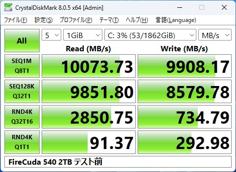 CrystalDiskMark 8.0.5の書き込み検証前の結果