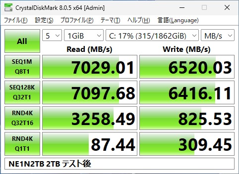 CrystalDiskMark 8.0.5の書き込み検証後の結果