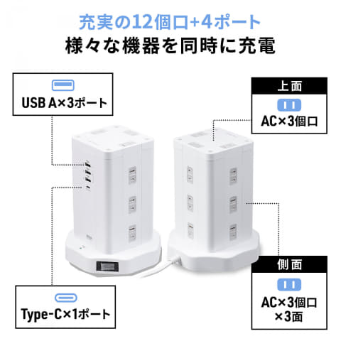 サンワサプライ、タワー型の12個口電源タップ。USB Type-A/Cポート搭載
