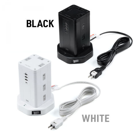 サンワサプライ、タワー型の12個口電源タップ。USB Type-A/C