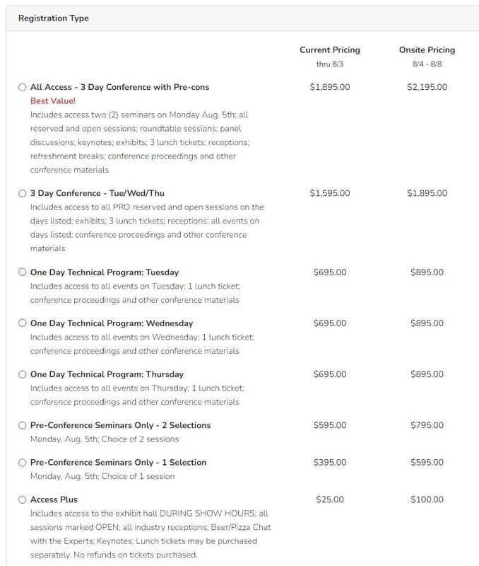 FMS 2024の参加登録料金。公式Webサイトから筆者が抜粋した