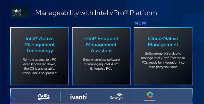 EMAに加えて、SaaSで管理できるサポートツール(たとえばGoToのLogMeIn Rescueなど)から直接Intel vProプラットフォーム準拠のノートPCを管理できる