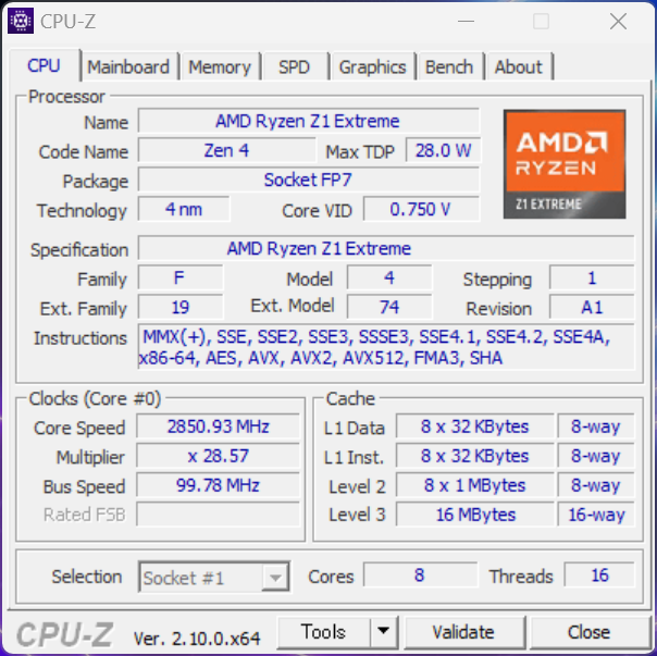 「Ryzen Z1 Extreme」の情報を「CPU-Z」で取得。これまでのROG Allyの上位モデルと同様だ