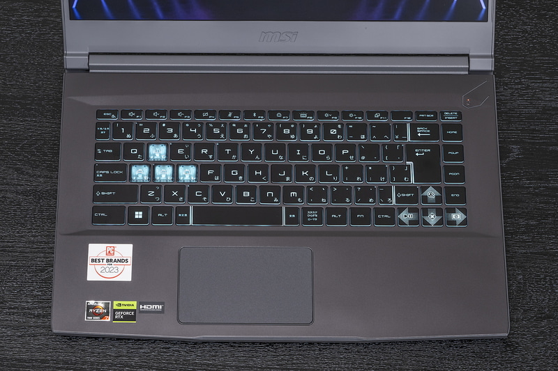 キーボードは日本語配列でテンキーはない。バックライトは備わっているが青色のLEDで可能なのは明るさ調整だけだ