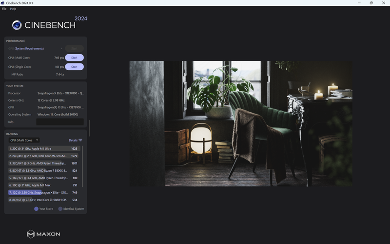 Cinebench R23のスコアはマルチコアが749、シングルコアが101
