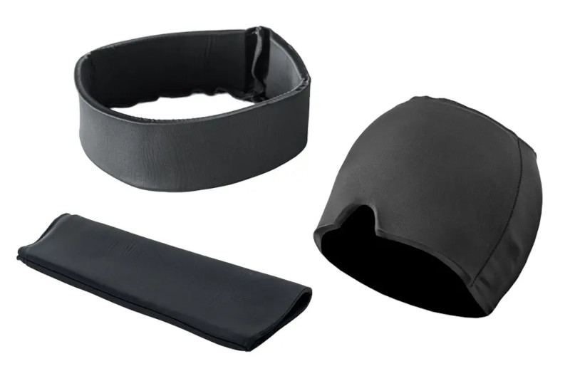 冷感特化ヘッドバンド(左上)、冷感特化アームカバー(左下)、冷感特化ヘッドマスク(右)