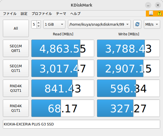 KDiskMarkの結果。おおむね公称通り
