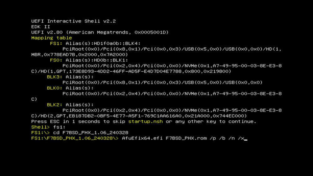 UEFI Shellでコマンド入力中